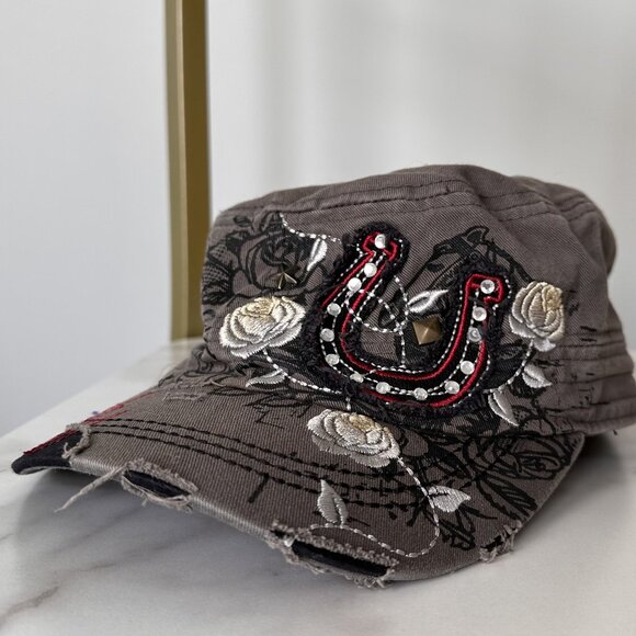 Savana Vintage Distressed Denim Cap with Floral Embroidery & Horseshoe Design - Picture 1 of 4